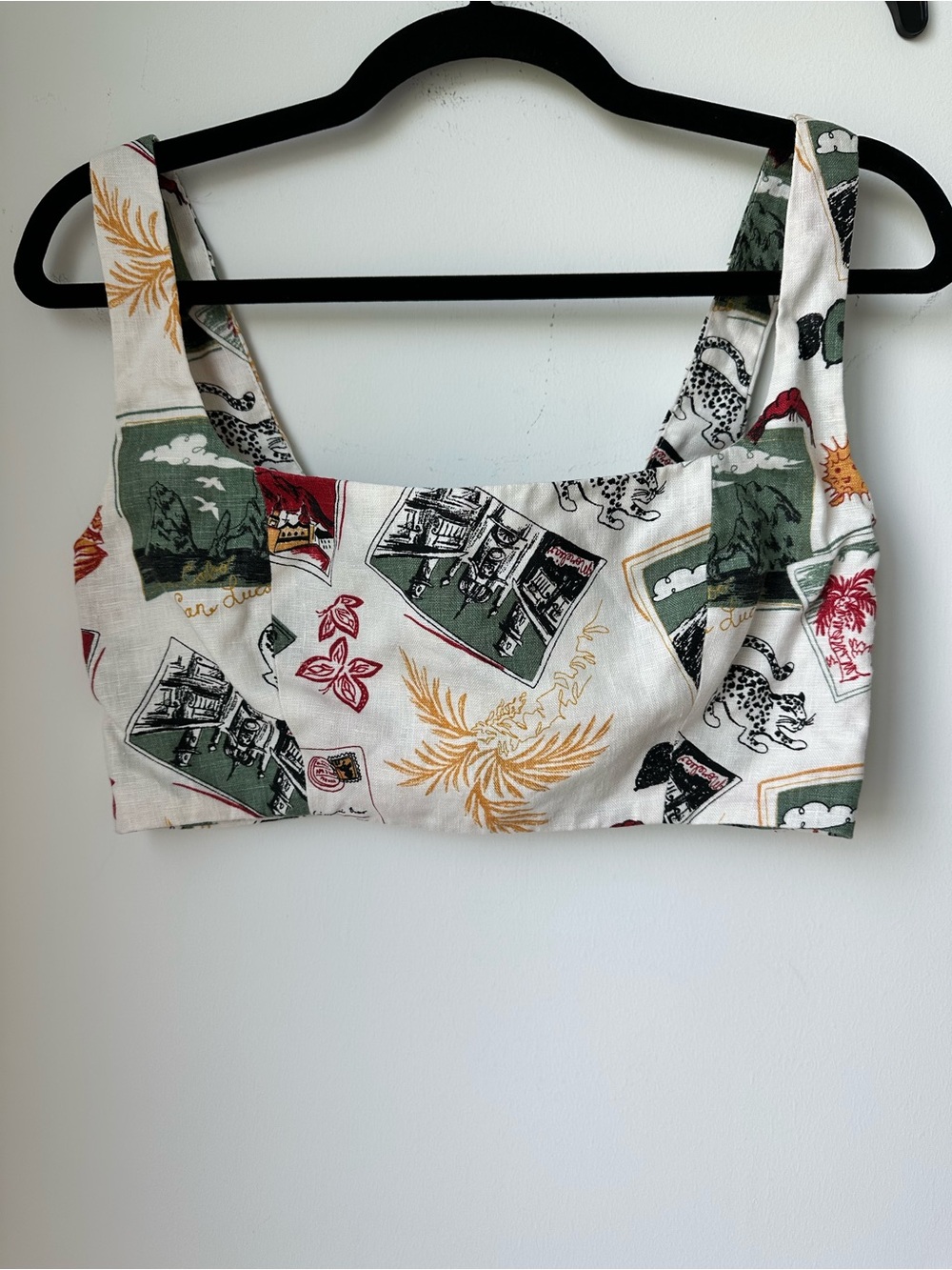 Reformation Cream Crop Top with Green & Red Print